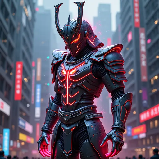 Prompt: Samurai Majicka Warrior Technology, a fusion of ancient and futuristic elements, dynamic pose, intricate armor details, glowing tech enhancements, vibrant colors, deep contrasts, atmospheric magical energy aura, dark cyberpunk cityscape backdrop, high detail, concept art inspiration, striking visual storytelling, ultra-detailed, 4K resolution.