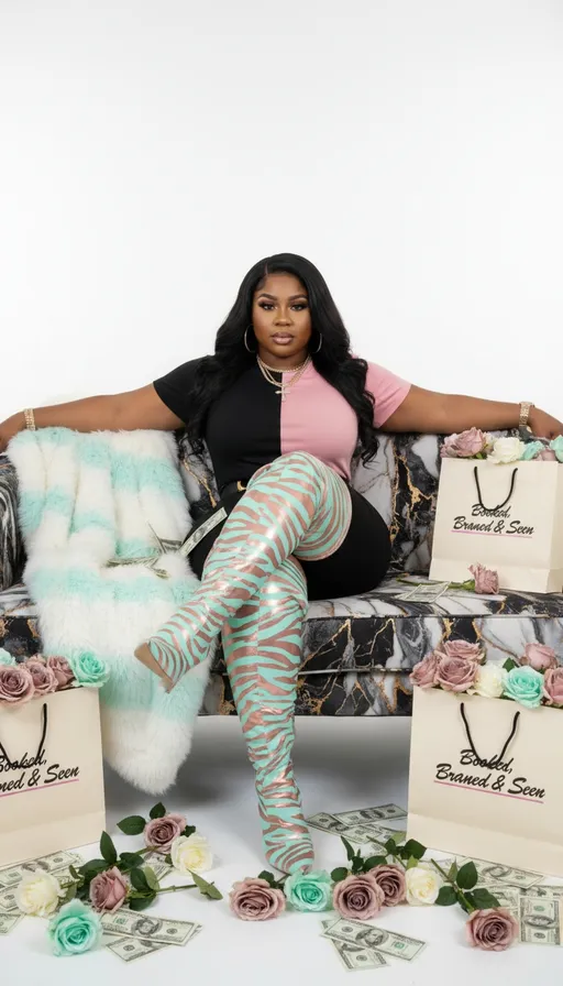 Prompt: Soft, pleasant smile.

Sitting back on the luxurious black, white and gold marble velvet sofa with legs crossed.

Both hands holding onto the back of the couch, stretched from left to right.

White, mint green, and rose gold pink fur throw.

"Booked, Branded & Seen" shopping bags (corrected text).

Rose gold pink, white, and mint green roses.

Scattered and stacked 100 Bills.

Weight of 165 lbs, 30-inch waist, size 9/10 dress fit, 5'7" height.

Luvme Layered Cut Yaki Straight Left C Part Glueless Minimalist HD Lace Bob Wig Ready to Go.

Subtle rose gold pink and mint green diamond necklace, Rolex watch, and rings.

Dramatic makeup with defined ombre eyebrows, winged eyeliner, and glossy pink lips.

Sleek Rose Gold Pink and Black t-shirt on the left side (two-tone top).

Bold zebra-print, rose gold pink and mint green thigh-high boots.

Clean white background.

Studio lighting, fierce, glamorous, boss-like mood, 8K detail, luxury aesthetic.