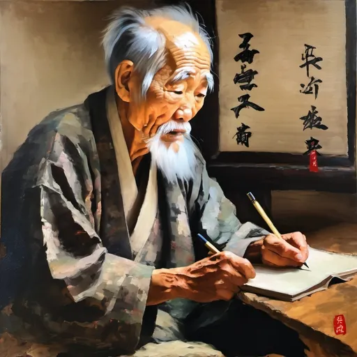 Prompt: Portrait of an old Japanese man writing poetry,  , very thick Impasto, impressionism