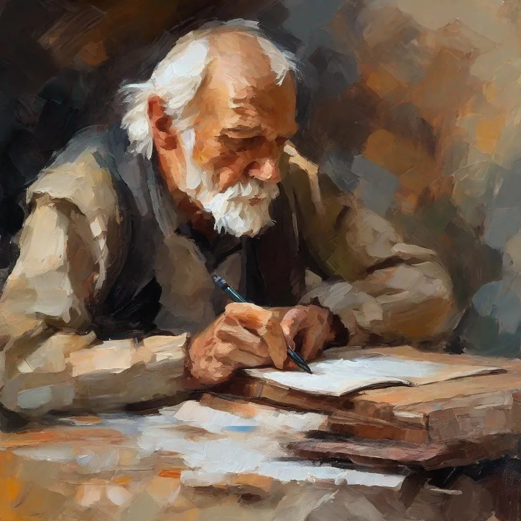 Prompt: Stylized rough old man writing at table impressionistic painting with large palette-knife