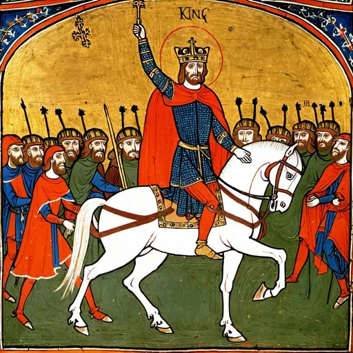 Prompt: Early medieval painting of a king riding on a Horse, leading his defeated army