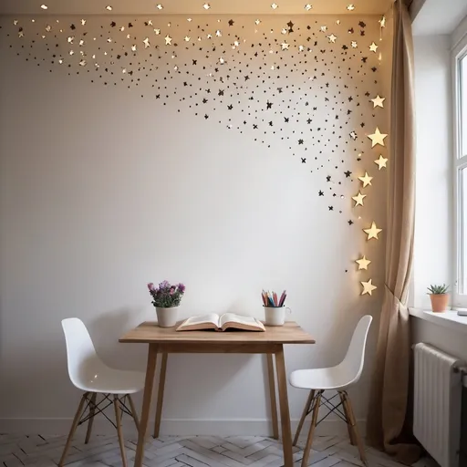 Prompt: Pared con estrellas y una mesa con libros