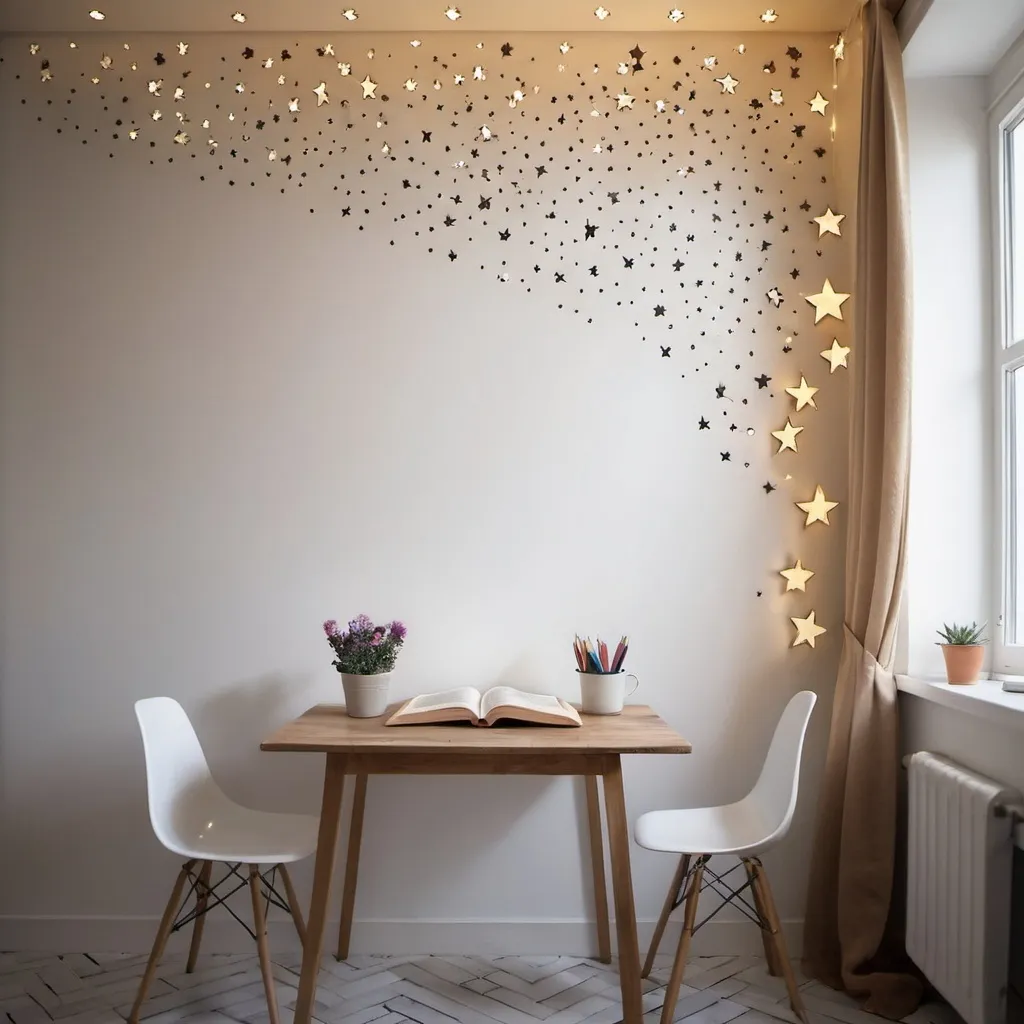 Prompt: Pared con estrellas y una mesa con libros