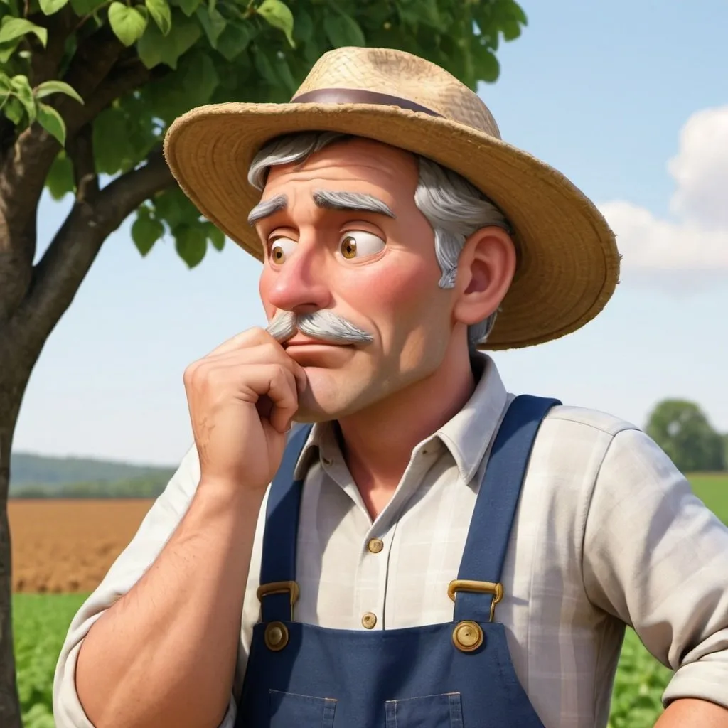 Prompt: Make an animated image of a farmer thinking with hand on his chin