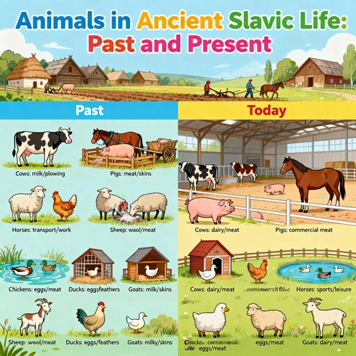 Prompt: vytvor plagat - projekt pre ziaka zakladnej skoly ktory opisuje ako boli jednotlive zvierata vyuzivane v minulosti a dnes. V minulosti sa mysli stari slovania. Ide o zvierata Kravy, svine, kone, ovce, sliepky, kacky, kozy