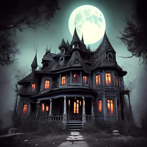 Prompt: Create and visualize an exterior of a haunted house with these specifications:

2 floors
Dilapidated
2-point perspective
Torn curtain 
An old tree beside the house
A woman in flowing gown in front of the door
Full moon
Source of light will be the moon
A grave with a cross on the front lawn
One-side lighting
High contrast

Corpse Bride Vibe. Full of cool tone colors like blue gray and black.
And make it in Landscape.
