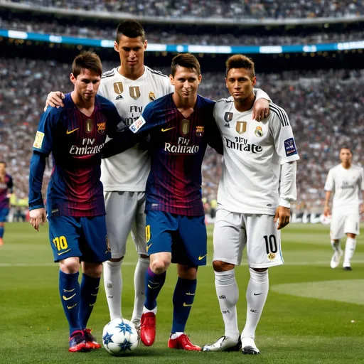 Prompt: Ronaldo e messi e naymar giocavano insiemi nel real Madrid 