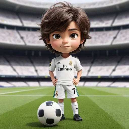 Prompt: make a boy that is 5 years old. Hes nam e is Arin plays fotball hes clubs name is real madrid. And his hair is short. Hes number 7.
 their clotes colors is white.