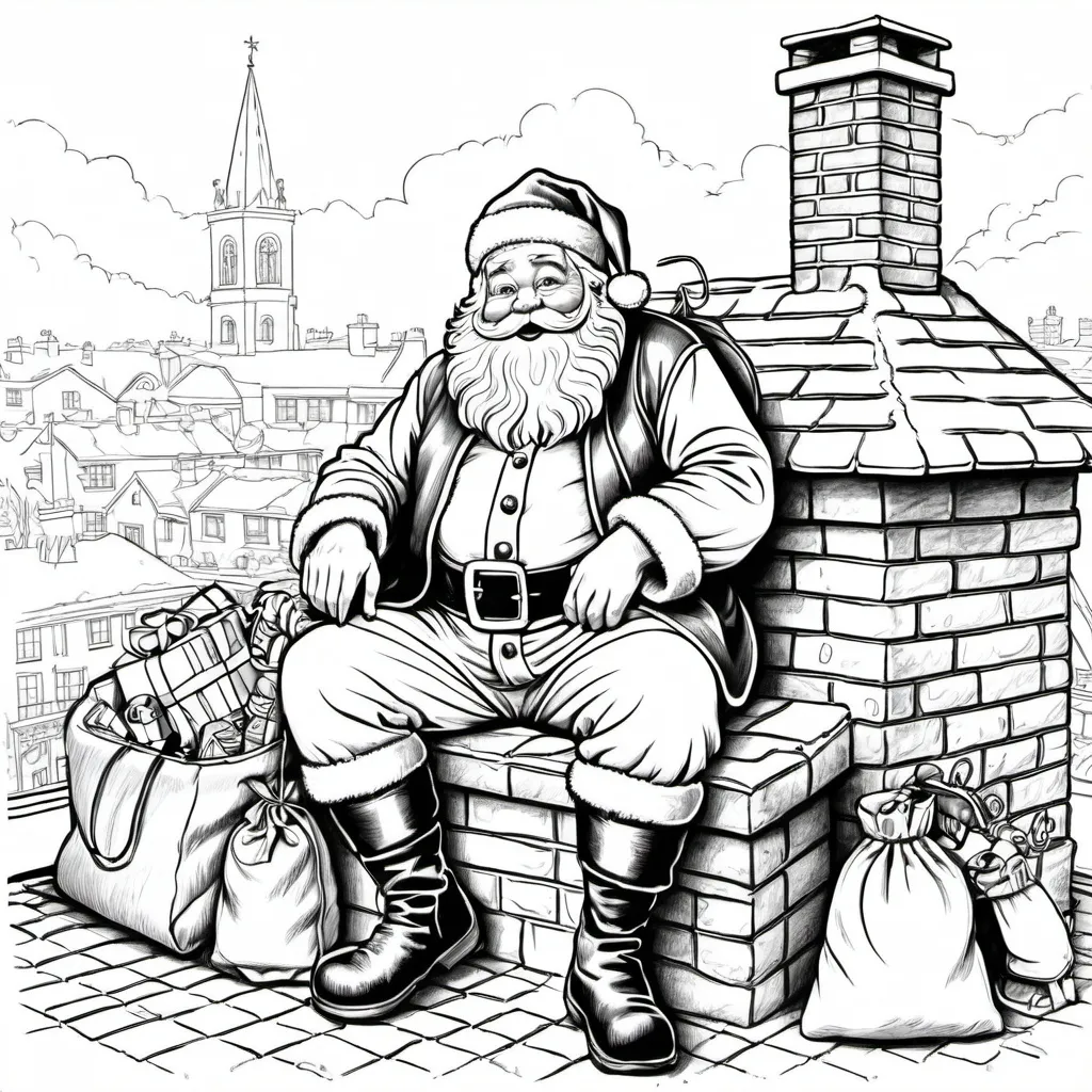 Prompt: A line drawing for a colouring book of Santa sitting on a chimney with bag of toys.the background is wh