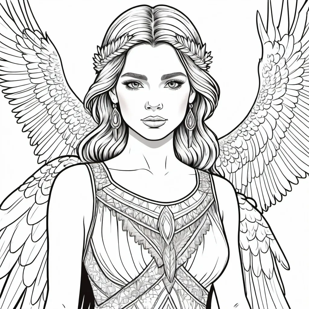 Prompt: A  carton for colouring book with black lines and white.A beautiful girl with fractuals in her dress and a great eagle behind her..