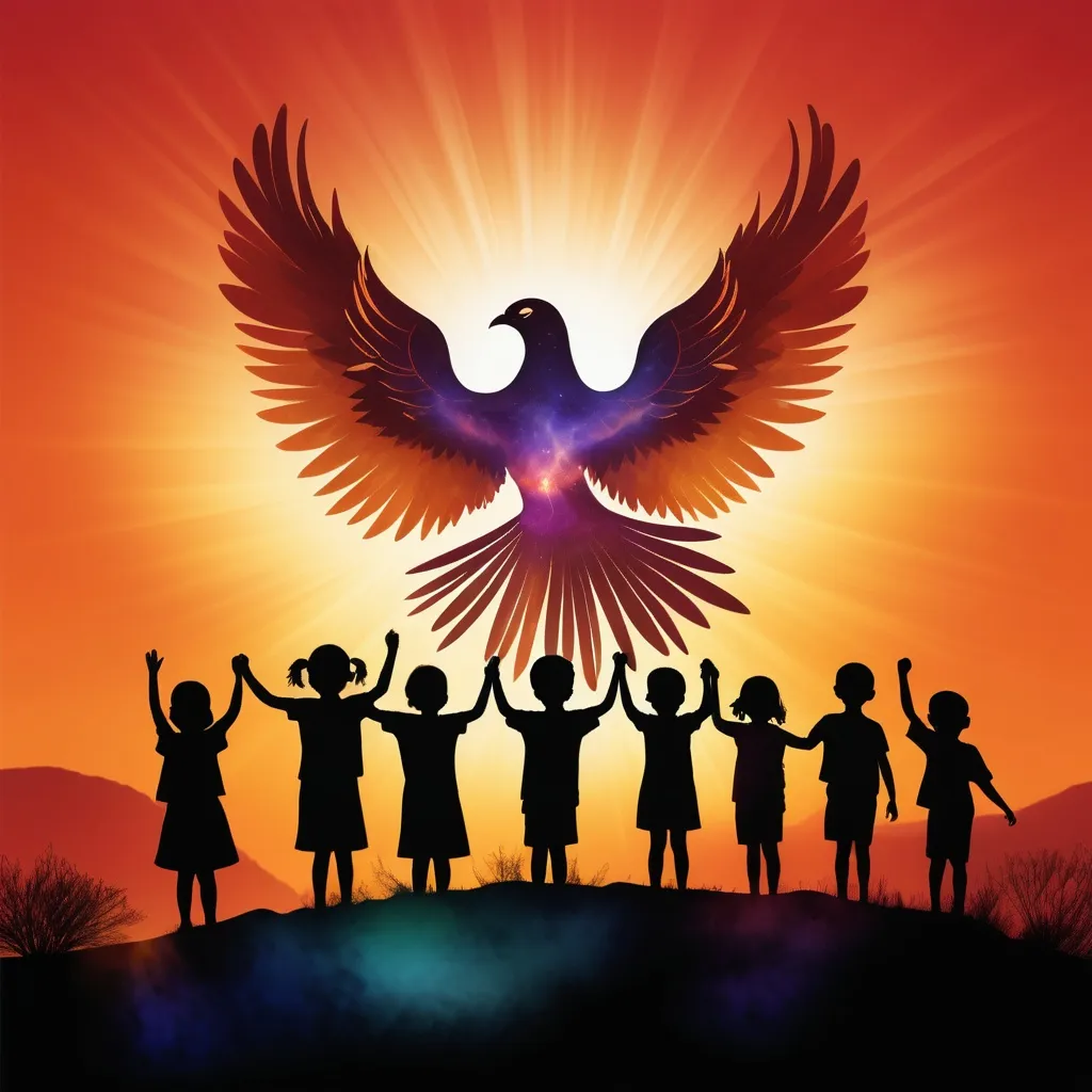 Prompt: (silhouettes of children), diverse (colors and sizes), standing together, holding hands in solidarity, representing unity, foster kids, shared strength, (phoenix rising in the background), symbolizing rebirth, resilience, rising above challenges, vivid sunset hues, dynamic atmosphere, inspirational mood, ethereal lighting, (ultra-detailed), high resolution, powerful imagery.