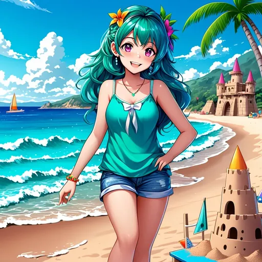 Prompt: Character in Background, Vibrant digital art of a cheerful girl building a sandcastle on a sunny beach, clear blue sky, detailed beach waves, tropical theme, high quality, digital painting, bright and warm tones, lively and joyful, sandy beach, playful waves, detailed sandcastle, summertime fun, seaside setting, professional, beach scene