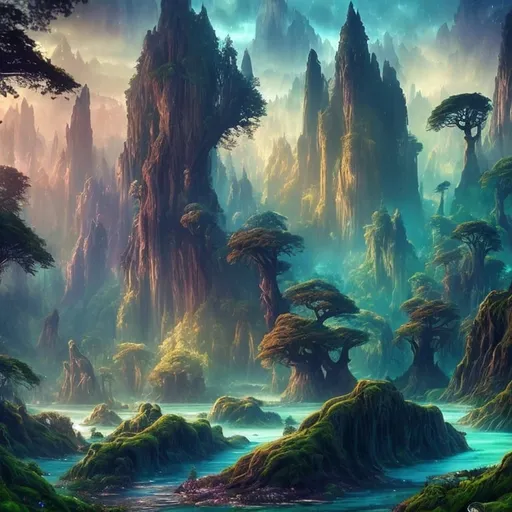 Prompt: Fantasy landscape with magical water, lush greenery, mystical atmosphere, high quality, imaginative art style, vibrant colors, shimmering water, towering ancient trees, ethereal lighting, fantasy, nature, mystical, magical water, lush greenery, vibrant colors, imaginative, high quality