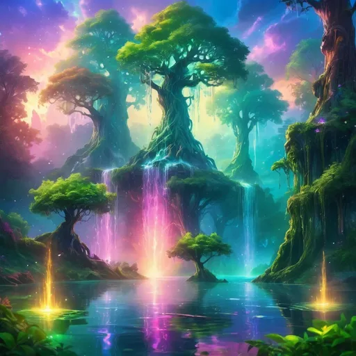 Prompt: Fantasy landscape with magical water, lush greenery, mystical atmosphere, high quality, imaginative art style, vibrant colors, shimmering water, towering ancient trees, ethereal lighting, fantasy, nature, mystical, magical water, lush greenery, vibrant colors, imaginative, high quality