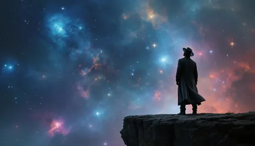 Prompt: a man standing on a cliff edge looking at the abyss of the universe