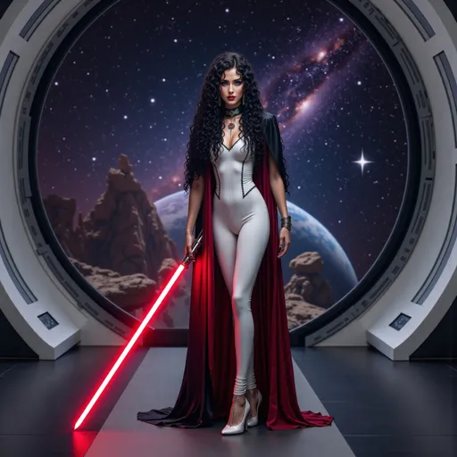 Prompt:  @0AbzNDsCV8ABqDjjvD4X Full-body pose of a woman with long curly black hair, photorealistic, dressed in a sleek white bodysuit and heels with a sheer flowing cloak and hood, wielding a lightsaber, standing in a defensive stance confidently in a sleek spaceship hallway, large panoramic window behind showcasing a vibrant distant galaxy with twinkling stars and swirls of color, dramatic lighting enhances her strong presence, ultra-detailed, cinematic ambiance.