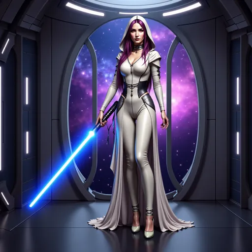 Prompt:  @jTlzMhK6fM8H3XVSW8q1 Full-body pose of a woman, photorealistic, dressed in a Princess Leia outfit with a white and silver flowing cloak and hood, wielding a blue lightsaber, standing in a defensive stance confidently in a sleek spaceship hallway, large panoramic window behind showcasing a vibrant distant galaxy with twinkling stars and swirls of color, dramatic lighting enhances her strong presence, ultra-detailed, cinematic ambiance.
