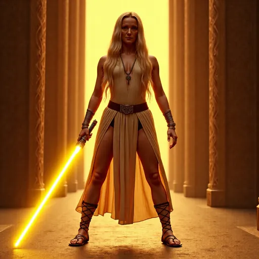 Prompt: Young female Jedi with long blonde hair, photorealistic full-body image, wearing regal jewelry  and laced up sandals, intricate Celtic tattoos elegantly decorating her entire  body, training with her lightsaber while using the Force, holding the lightsaber raised up in front of her defensively in a crouching stance, ancient Jedi temple, mystical ambiance, soft beams of moonlight filtering through dusty air, intricate stone carvings, serene yet intense atmosphere, glowing yellow colored lightsaber, faded sunbeams illuminating her body, focus and determination on her face, cinematic depth, high quality, 4K, ultra-detailed, immersive fantasy environment, rich textures.