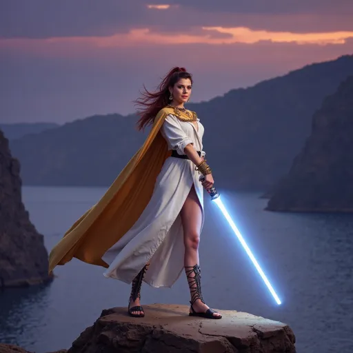 Prompt: Jedi Queen with laced sandals and draped in a gilded cloak, full-body pose of a beautiful slender woman, wearing a white monk outfit and regal jewelry. Her wine-colored hair pulled up into a ponytail.  She is wielding a glowing white-colored lightsaber with an eloquent jeweled hilt, both hands on the hilt in an aggressive attack move.  The strong female figure exudes confidence and power, with a stern expression, set on a cliff with a lake at twilight. High definition, ultra-detailed presentation with striking contrasts.