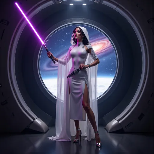 Prompt:  @0AbzNDsCV8ABqDjjvD4X Full-body pose of a woman, photorealistic, dressed in a sleek white bodysuit and heels with a sheer flowing cloak and hood, wielding a purple lightsaber, standing in a defensive stance confidently in a sleek spaceship hallway, large panoramic window behind showcasing a vibrant distant galaxy with twinkling stars and swirls of color, dramatic lighting enhances her strong presence, ultra-detailed, cinematic ambiance.