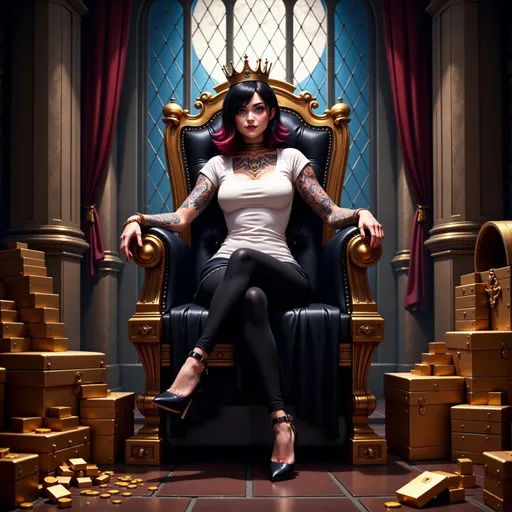 Prompt: Vampire Queen cosplay with high heels and elaborate crown, full-body pose of a slender muscular woman wearing tight black pants and white t-shirt, adorned in regal jewelry, intricate Viking tattoos elegantly decorating her entire body. Her blackish red hair draped all about her and the throne.  She is sitting on a tall black and gold gilded throne.  Stacks of gold bars are on the floor. with piles of gems and coins spilling out of a massive treasure chest. The strong female figure exudes confidence and power. The moonlight shining down through the stained glass, highlighting a fierce yet elegant aura. High definition, ultra-detailed presentation with striking contrasts.