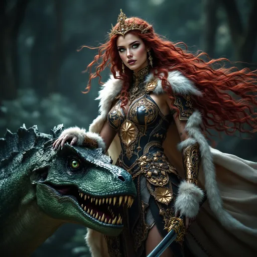 Prompt: full-body image, slender athletic female warrior, wearing intricately detailed dark pink and black metallic chainmail armor with boots, majestic white and gold fur lined cloak billowing in the wind, holding a samurai sword, extremely long curly red hair flowing down to the ground, elegant crown on her head, brilliant green eyes, her body adorned in magnificent tattoos, poised stance exuding strength, dynamic pose standing next to a green and black velociraptor dinosaur with its shimmering scales, detailed armor textures reflecting light, dramatic shadows, mystical forest background, ethereal ambiance, cool color tones, high definition, ultra-detailed, captivating and heroic atmosphere.