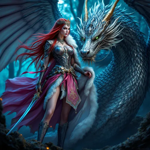 Prompt: full-body image, slender athletic female warrior, wearing intricately detailed dark pink and silver metallic chainmail armor with boots, majestic white and gold fur lined cloak billowing in the wind, holding a samurai sword, long straight red hair flowing, elegant crown on her head, brilliant green eyes, her body adorned in magnificent tattoos, poised stance exuding strength, dynamic pose standing next to a silver dragon with its shimmering scales and giant wings unfurled, detailed armor textures reflecting light, dramatic shadows, mystical forest background, ethereal ambiance, cool color tones, high definition, ultra-detailed, captivating and heroic atmosphere.