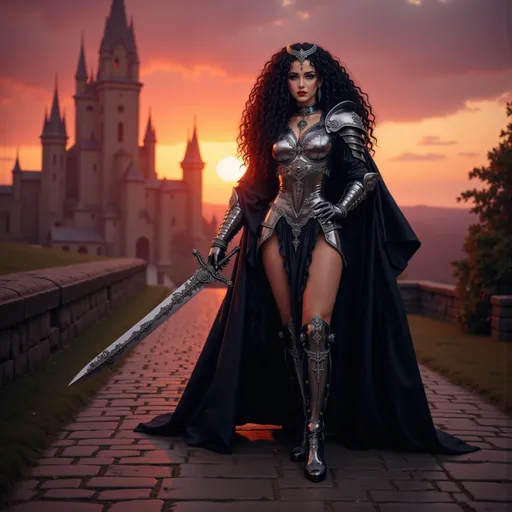 Prompt: @0AbzNDsCV8ABqDjjvD4X A full-body illustration of a warrior queen, long curly black hair with a shining crown resting atop her head, dressed in regal armor that gleams with a shiny silver finish adorned with intricate black decorations. She wears a flowing cloak that billows slightly in the wind, adding a sense of majesty to her presence. In her right hand, she confidently wields a slender sword, its blade reflecting the light. The scene is set on a cobblestone road, with weathered stones beneath her feet, leading up to a grand castle in the background, its towering spires silhouetted against a vibrant sunset. The warm glow of the setting sun casts dramatic shadows, enhancing the queen's powerful stance and the details of her armor.