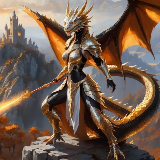 Prompt: Full-body pose, fierce female dragon warrior in intricately detailed black armor with white cape, intense expression, elegant stance, holding a shiny silver metallic wizard staff, majestic golden dragon standing on a cliff with valley and castle ruins background, dynamic flight motion with gilded wings spread out wide, detailed white and tangerine colored scales catching sunlight, mouth open shooting fire breath forward, preparing to take off in majestic flight, dramatic shadows and highlights, epic fantasy atmosphere, high contrast colors, ultra-detailed, 4K quality, elements of adventure and bravery, vivid blue sky backdrop with hints of dusk.