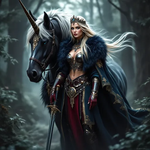 Prompt: full-body image, slender athletic female warrior, wearing intricately detailed maroon and copper metallic chainmail armor with boots, majestic dark blue and gold fur lined cloak billowing in the wind, holding a samurai sword, long straight blonde hair flowing, elegant crown on her head, brilliant blue eyes, her bare body adorned in magnificent tattoos, poised stance exuding strength, dynamic pose standing next to her massive black Clydesdale Unicorn with its silver mane and golden horn, detailed armor textures reflecting light, dramatic shadows, mystical forest background, ethereal ambiance, cool color tones, high definition, ultra-detailed, captivating and heroic atmosphere.