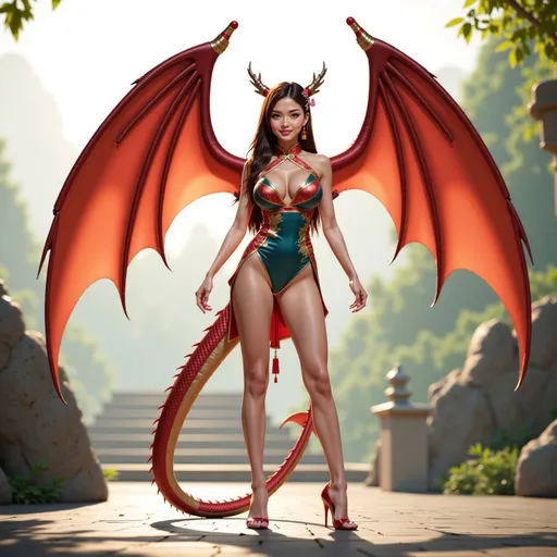 Prompt: @FIcYtNzdCfzM6wX6AvTT Full-body pose of a human hybrid, showcasing subtle Chinese dragon features, wearing a sleek outfit with high heels, with striking grand dragon wings, tail, legs and prominent ears distinctly visible. The atmosphere is imaginative, highlighting a unique blend of human and animal traits, set against a softly blurred, natural background. The scene is ultra-detailed, emphasizing the originality and elegance of this unique character design.