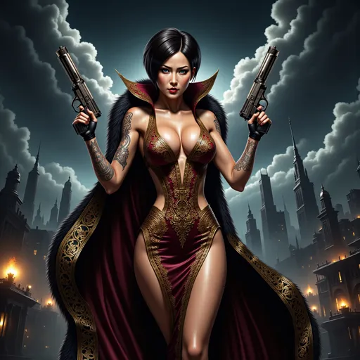 Prompt: A stunning slender woman, intricate tattoos covering her body, wearing ared evening gown decorated with intricate gold designs and a long flowing black and gold fur cloak with high heels, confidently brandishing a large-barreled ornate silver handgun in each hand, a thin line of smoke emanates from the weapon, aggressive action fighting stance, stern expression, dramatic apocalyptic city ruins in the background, majestic dark clouds swirling ominously, vibrant colors, dynamic light highlighting her fierce expression, high detail and sharp contrast, epic atmosphere, ultra-detailed, cinematic masterpiece.