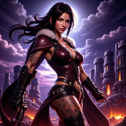 Prompt: A stunning woman, intricate tattoos covering her body, wearing an intricately detailed armor and a long flowing fur cloak with boots, long black hair, confidently brandishing a laser gun, aggressive action fighting stance, stern expression, dramatic fairytale castle ruins in the background, majestic dark clouds swirling ominously, vibrant colors, dynamic light highlighting her fierce expression, high detail and sharp contrast, epic atmosphere, ultra-detailed, cinematic masterpiece.