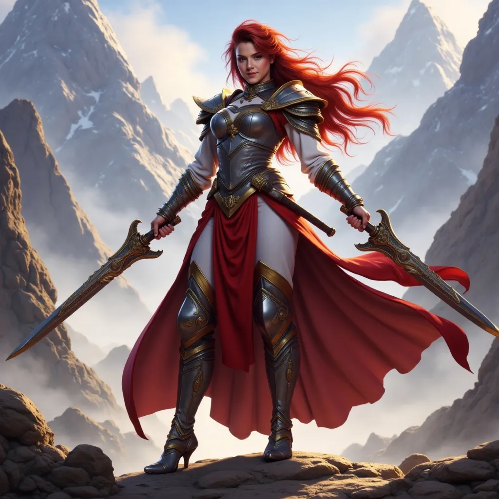 Prompt: Full-body pose, fantasy warrior character art of a powerful woman with dark red hair in a metallic silver and gold armor with flowing red and white cloak, wielding an intricate Japanese Samurai sword with both hands.  Majestic mountains rise in the background, shrouded in mist. Dramatic lighting casts an ethereal glow, enhancing her fierce expression. Captivating details in the dress ripple as if caught in an enchanting breeze. High-quality, epic fantasy concept art, inspired by Anne Stokes, with vivid colors and intricate designs.