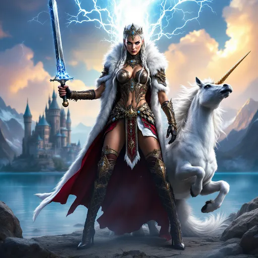 Prompt: A full-body pose, stunning slender woman, with tattoos covering her body, wearing intricately detailed copper and white armor that has electricity flowing through it, with a long flowing white and dark red fur cloak, high heel boots and jeweled crown, long white braided hair, confidently brandishing an ornate silver sword shimmering in the light, aggressive stance while holding her sword straight up toward the sky, stern expression, her large majecstic pet Unicorn by her side, rearing back onto its hind legs, dramatic fairytale castle on a beautiful blue lake in the background, majestic mountains surround the lake, vibrant colors, dynamic light highlighting her fierce expression, high detail and sharp contrast, epic atmosphere, ultra-detailed, cinematic masterpiece.