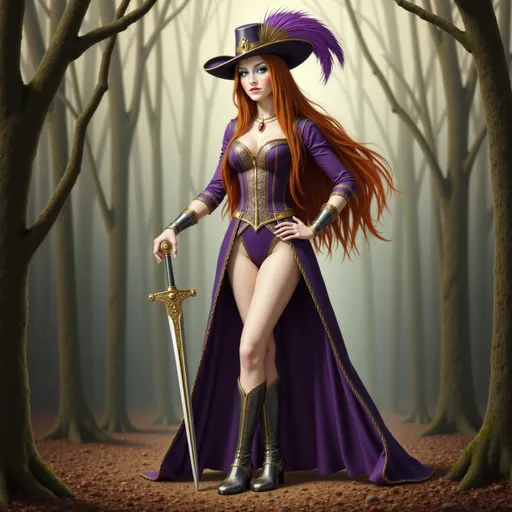 Prompt: @l2wyhKYugxnxYDoFvEPt Slender woman wearing an elaborate purple, gold and silver Musketeer costume, full-body pose, long straight red hair, intricate details and textures of the outfit and boots, holding a Fencing sword with elaborate cross guard and finger rings on the sword, dramatic feathered hat, ornate embellishments, deep earth tones contrasted with pops of gold, enchanting background of a misty forest, soft, dappled lighting filtering through the trees, alluring, mysterious ambiance, high-quality, ultra-detailed image showcasing the elegance of classic Musketeer attire.