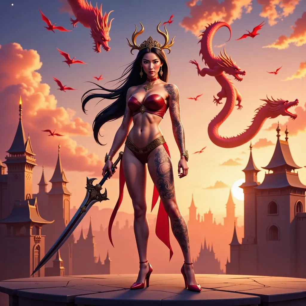 Prompt: Chinese Queen cosplay with high heels and elaborate crown, full-body pose of a slender muscular woman, adorned in regal jewelry, intricate dragon tattoos elegantly decorating her body. Her long black hair blowing in the wind.  She is holding an ornate sword.  The strong female figure exudes confidence and power, set against a fairytale castle backdrop during twilight  Dragons are flying in the sky above the castle. The tattoos shimmer subtlety, incorporating details like knots and spirals, highlighting a fierce yet elegant aura. High definition, ultra-detailed presentation with striking contrasts.