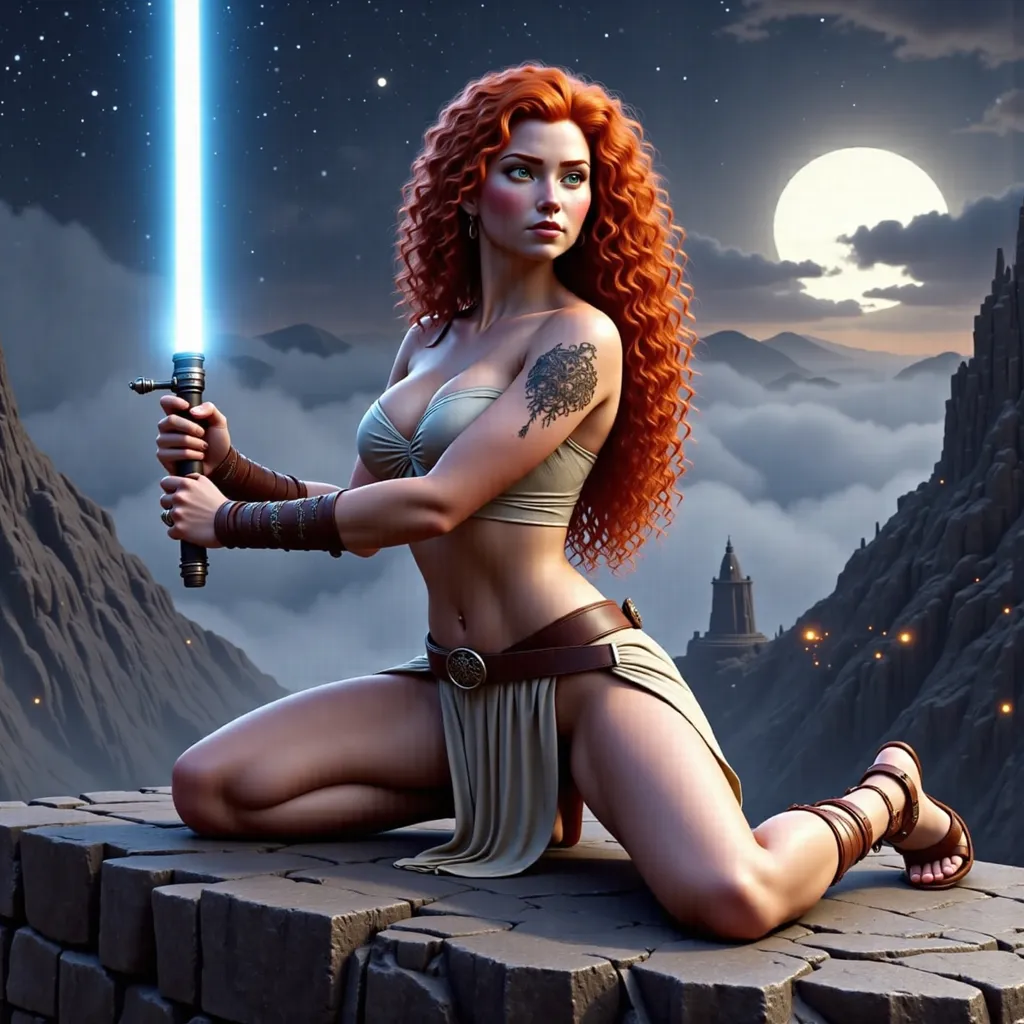 Prompt: Young slender female Jedi with dark red hair, photorealistic full-body image, wearing regal jewelry, white armor and laced up sandals, intricate Celtic tattoos elegantly decorating her entire  body, training with her lightsaber while using the Force, holding the lightsaber raised up in front of her defensively in a kneeling stance, on a cliff with an ancient Jedi temple in background, mystical ambiance, soft beams of moonlight filtering through clouds, serene yet intense atmosphere, glowing white colored lightsaber, cinematic depth, high quality, 4K, ultra-detailed, immersive fantasy environment, rich textures.