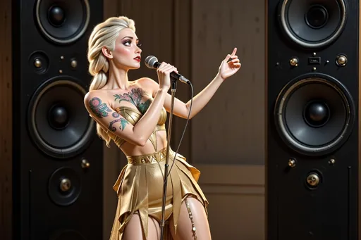 Prompt: Stunning woman in a luxurious gold dress with tattoos adorning her body, serenading into a vintage microphone, surrounded by towering walls of speakers, creating an electrifying atmosphere. Influenced by Avgust Černigoj, the setting features elegant arabesque patterns. This promotional image reflects the elegance and artistry of a bronze sculpture, capturing vibrant tone and high detail. Perfectly lit for dramatic flair.