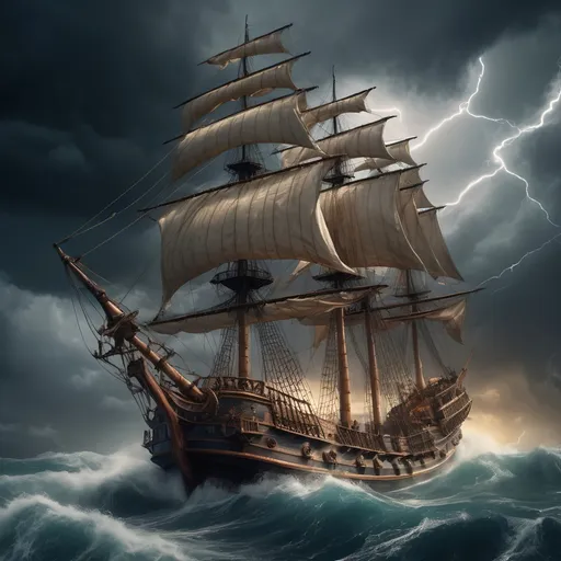 Prompt: Large Spanish galleon, majestic sailing vessel with intricate sails and carved figurehead, sailors scurrying around the vessel, navigating rough seas, dramatic crashing waves, fierce storm atmosphere, striking lightning illuminating dark, swirling clouds, powerful winds creating chaos, a sense of adventure and danger, high detail, ultra-detailed, cinematic style, vibrant contrasts, 4K resolution.