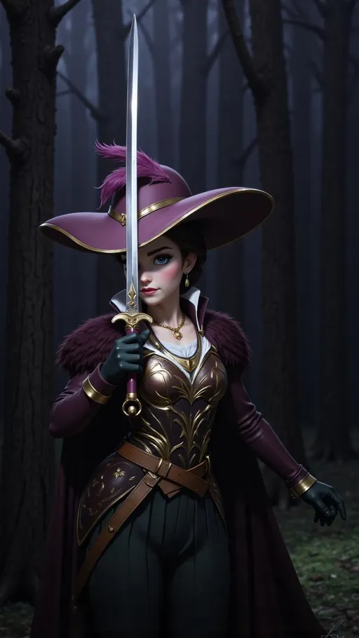 Prompt: Slender woman wearing a Musketeer costume, full-body pose, intricate details and textures of the outfit and boots, holding a Fencing sword with elaborate cross guard and finger rings on the sword, dramatic feathered hat, ornate embellishments, deep earth tones contrasted with pops of gold, enchanting background of a misty forest, soft, dappled lighting filtering through the trees, alluring, mysterious ambiance, high-quality, ultra-detailed image showcasing the elegance of classic Musketeer attire.
