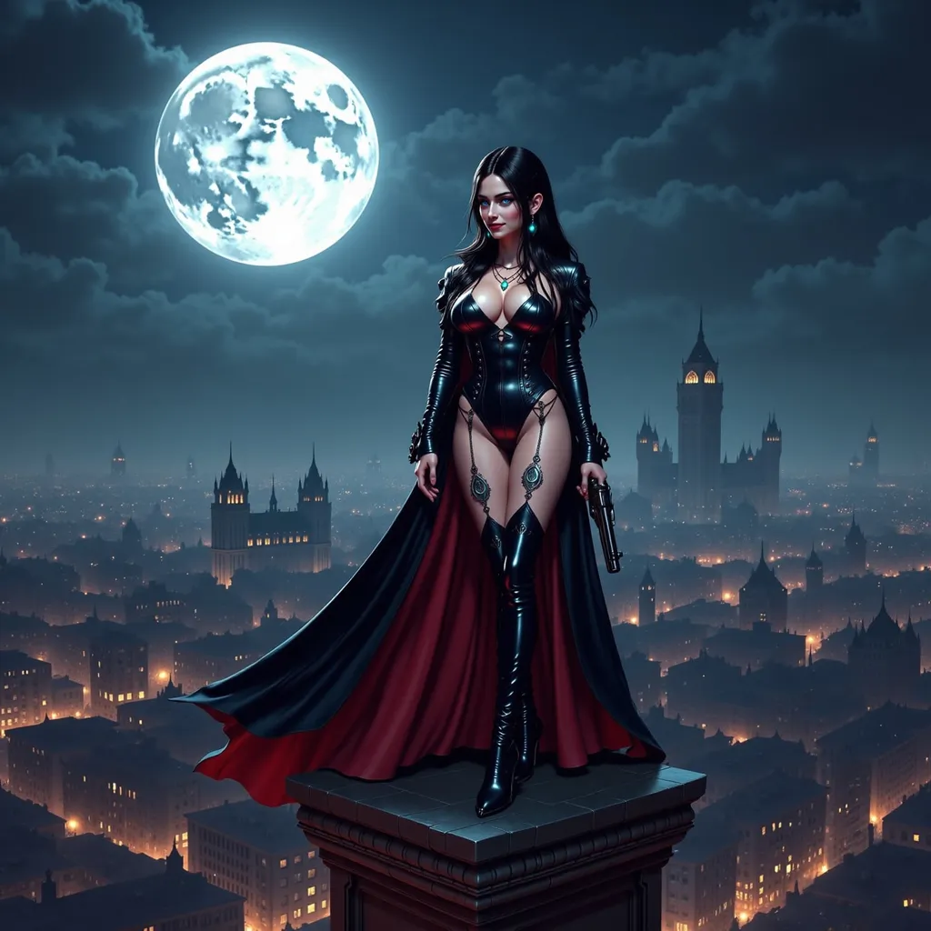 Prompt:  @U3fTXCTGV3pTbANimDfE A striking illustration of a female vampire in a dramatic Dracula costume, standing confidently atop a gothic building. Her long, dark hair cascades over her shoulders, catching the moonlight. Tattoos adorn her body. A black and silver pistol in one hand. The full moon looms large in the night sky, casting a silvery glow over the sprawling cityscape below, where shadows dance among the rooftops. The vampire's piercing gaze surveys the city, her cape billowing slightly in the night breeze, adding to the sense of power and mystery. The scene is illuminated by the moon, creating stark contrasts between light and shadow, enhancing the atmospheric tension of this captivating moment.