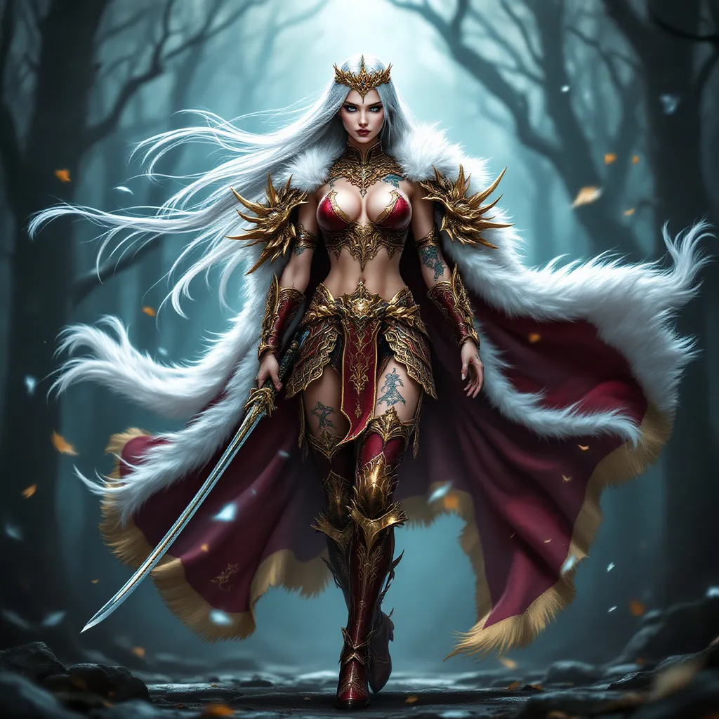 Prompt: full-body image, slender athletic female warrior, wearing intricate maroon and gold and copper metallic armor with boots, majestic white and gold fur lined cloak billowing in the wind, holding a samurai sword, long straight silver hair flowing, elegant crown on her head, brilliant blue eyes, her bare body adorned in magnificent tattoos, poised stance exuding strength, dynamic pose, detailed armor textures reflecting light, dramatic shadows, mystical forest background, ethereal ambiance, cool color tones, high definition, ultra-detailed, captivating and heroic atmosphere.