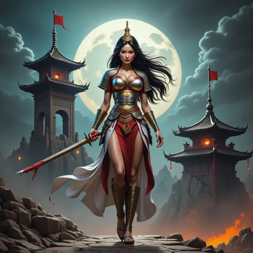 Prompt: Full-body pose of a slender woman, Mulan the Samurai Queen wearing her brilliant golden crown, in weathered metallic Samurai armor with high boots dented and dirty and bloodied, holding her detailed engraved gleaming sword, while standing confidently with a victorious expression, her hair trailing behind her while blowing in the wind, intricate engravings on the blade, dramatic low-angle perspective, ancient crumbling castle in the background, somber atmosphere with a thunderstorm in the background, muted colors with strong contrasts, high depth detail, cinematic lighting, ultra-detailed, emotionally charged scene capturing the aftermath of conflict.