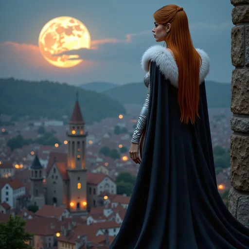 Prompt: A striking image of a female vampire @A2mqLKVQiMwDbkPsm0Zm standing atop a medieval stone tower, gazing over an ancient town bathed in twilight. She wears a grand black and white fur-lined cape that billows gently in the cool night breeze, contrasting with her sleek silver and copper bodysuit that shimmers under the fading light.  Her very long straight red hair cascading over her body and blowing slightly in the breeze. The full moon sets behind the town, casting a silvery glow that highlights the intricate architecture of the buildings below. The sky is painted in deep blues and purples, with wisps of clouds drifting past the moon. The scene captures a sense of calm before the night deepens, with the vampire poised confidently, her cape flowing elegantly around her as she surveys the landscape.