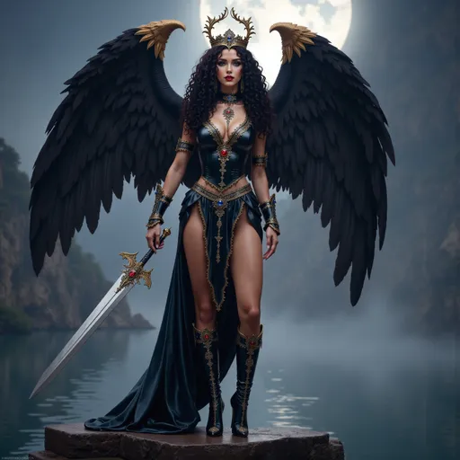 Prompt:  @0AbzNDsCV8ABqDjjvD4X Scottish Angel wearing a glorious shimmering crown, gorgeous slender muscular woman, full chest size, very long black curly hair flowing, imposing muscular legs, majestic angel wings unfurled, wearing ornate golden armor with blue and red decorations, featuring striking stiletto high heel boots, wielding a legendary bejeweled long sword with a thin blade, focused expression, dramatic holy theme, standing on a ledge with full moon over a lake in the background, ethereal atmosphere, high detail, 4K, ultra-detailed.