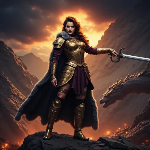 Prompt: A stunning woman in metallic gold and copper armor intricately detailed and a flowing black and white fur cloak, dark black red hair, confidently brandishing a sword, focused expression, dramatic mountain backdrop, majestic dark clouds swirling ominously, a dead dragon in the background, vibrant colors, dynamic light highlighting her fierce expression, high detail and sharp contrast, epic atmosphere, ultra-detailed, cinematic masterpiece.