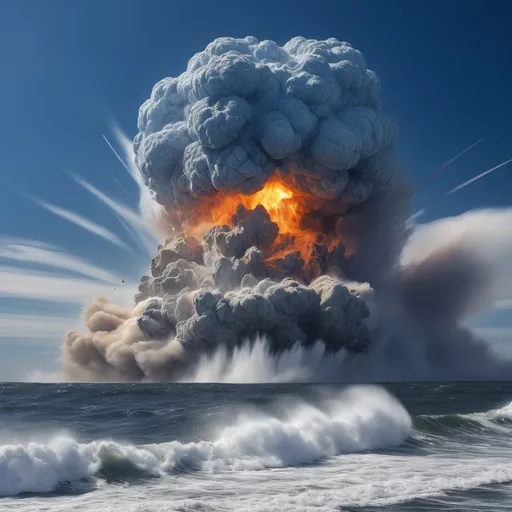 Prompt: Mid-day scene over open ocean, vast blue skies, shimmering sunlight reflecting on the waves, massive meteor descending fiercely, dramatic impact with the water creating a colossal explosion, thick plumes of spray and steam rising, high contrast, riveting energy captured, an awe-inspiring spectacle, ultra-detailed, cinematic, high-quality imagery, capturing the exhilarating chaos of nature.