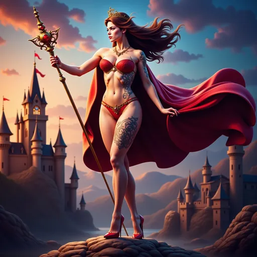 Prompt: French Queen cosplay with high heels and elaborate crown, full-body pose of a slender muscular woman, adorned in regal jewelry, intricate tattoos elegantly decorating her body. Her long brown hair blowing in the wind.  She is holding an ornate scepter.  The strong female figure exudes confidence and power, set against a fairytale castle backdrop during twilight The tattoos shimmer subtlety, incorporating details like knots and spirals, highlighting a fierce yet elegant aura. High definition, ultra-detailed presentation with striking contrasts.