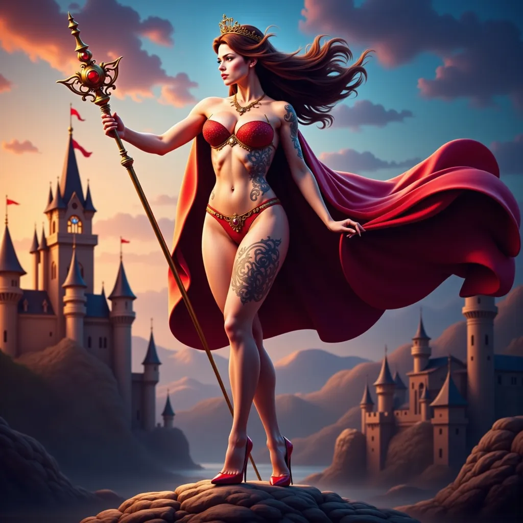 Prompt: French Queen cosplay with high heels and elaborate crown, full-body pose of a slender muscular woman, adorned in regal jewelry, intricate tattoos elegantly decorating her body. Her long brown hair blowing in the wind.  She is holding an ornate scepter.  The strong female figure exudes confidence and power, set against a fairytale castle backdrop during twilight The tattoos shimmer subtlety, incorporating details like knots and spirals, highlighting a fierce yet elegant aura. High definition, ultra-detailed presentation with striking contrasts.